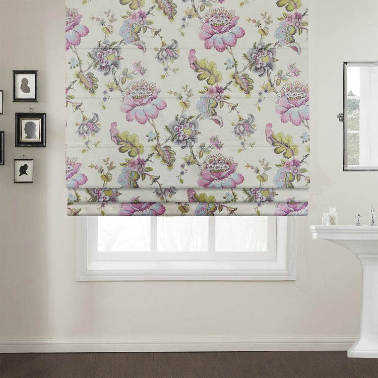No-Drill Blackout Roman Shade in plum blossom floral pattern, easy-install blackout window treatment