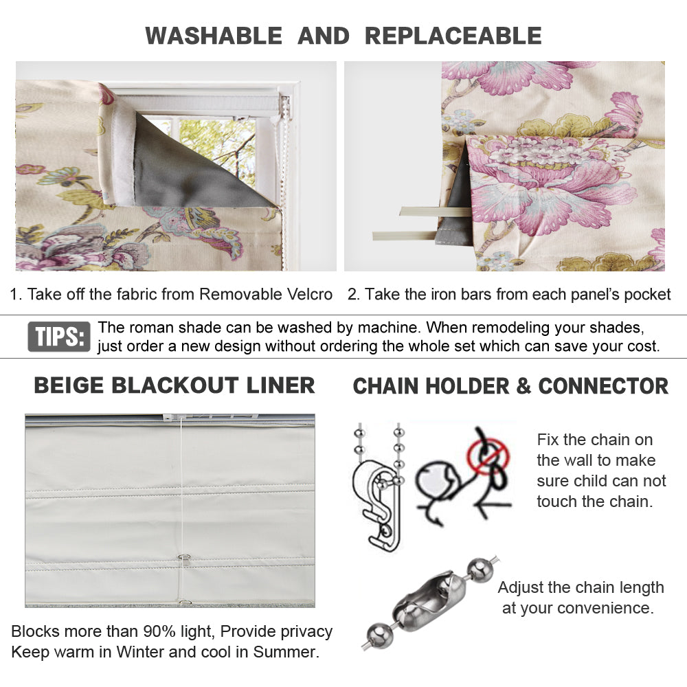 No Tools No Drill Roman Shades Blackout Window Shades, Plum Blossom Lined Custom Floral Roman Shades Blinds for Windows, Doors, French Doors, Kitchen Windows