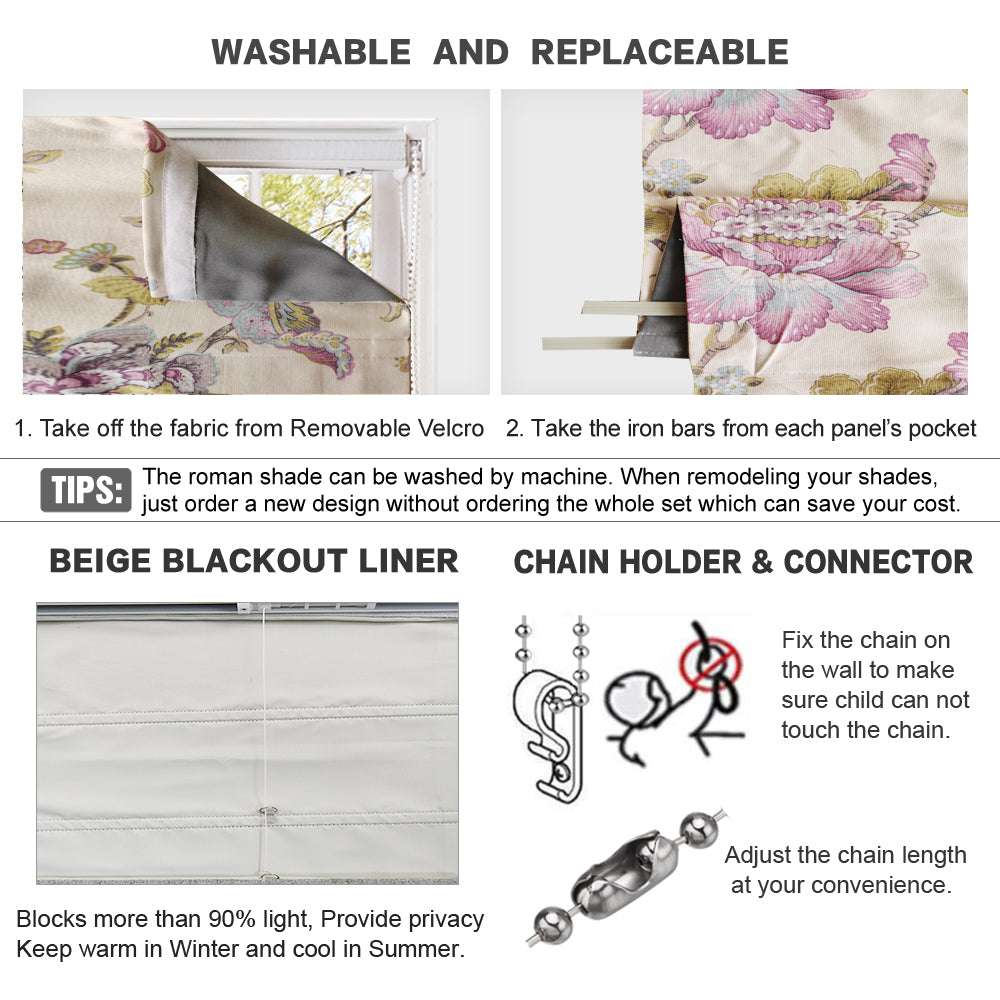 No-Drill Blackout Roman Shade in Plum Blossom Floral pattern, custom size, easy install without drilling