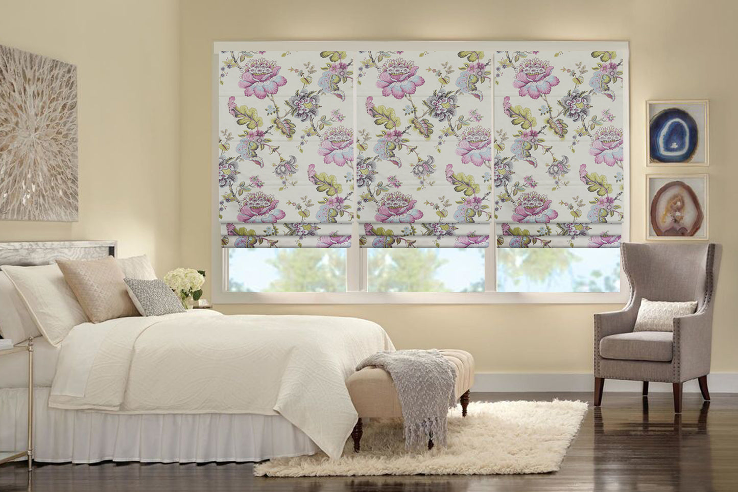 No Tools No Drill Roman Shades Blackout Window Shades, Plum Blossom Lined Custom Floral Roman Shades Blinds for Windows, Doors, French Doors, Kitchen Windows