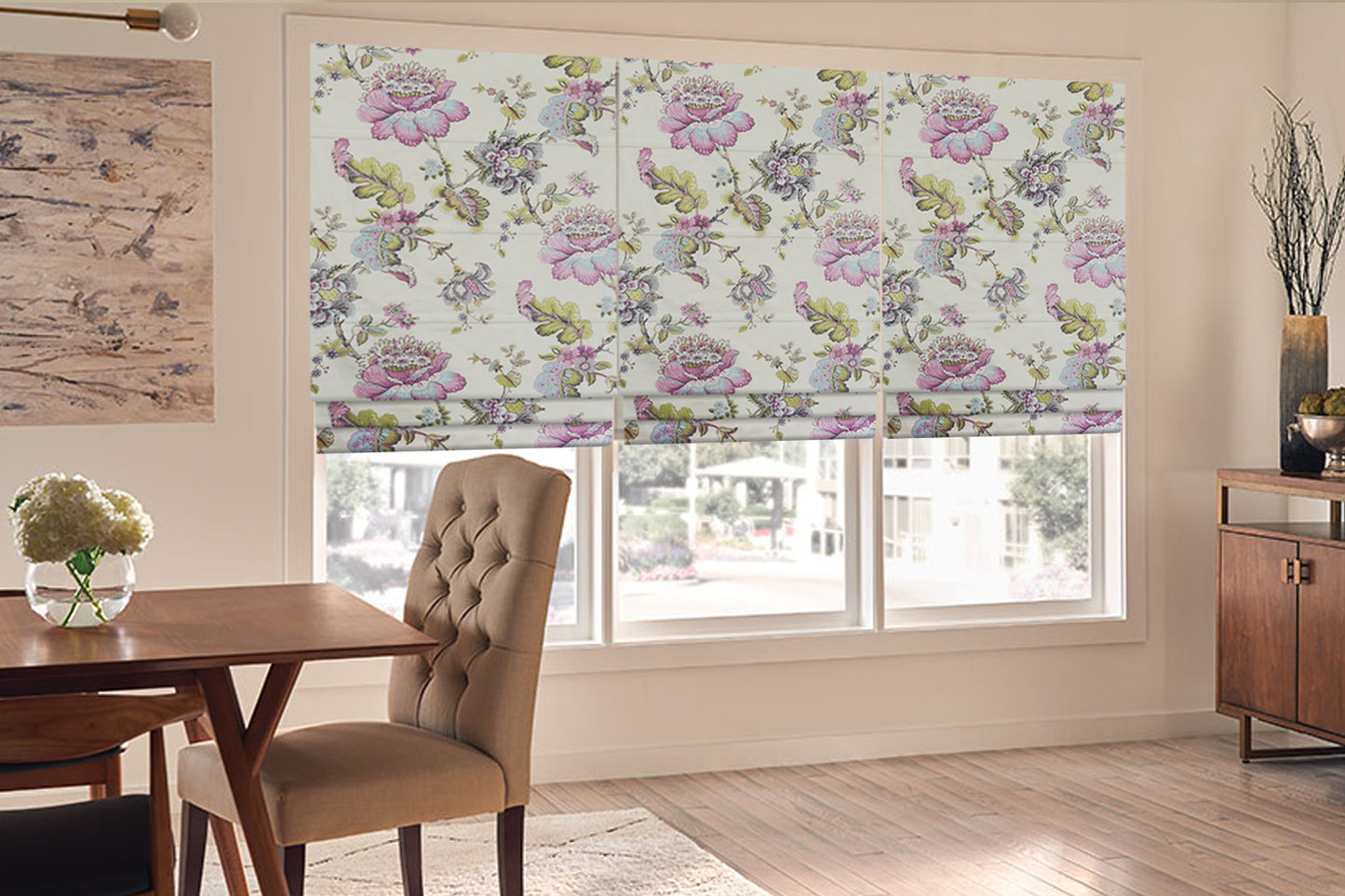 No Tools No Drill Roman Shades Blackout Window Shades, Plum Blossom Lined Custom Floral Roman Shades Blinds for Windows, Doors, French Doors, Kitchen Windows