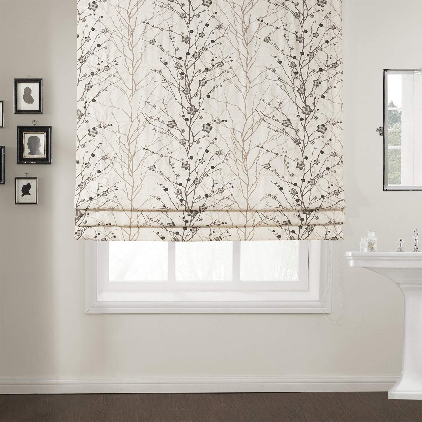 No Tools No Drill Roman Shades Blackout Window Shades, Plum Blossom Lined Custom Floral Roman Shades Blinds for Windows, Doors, French Doors, Kitchen Windows