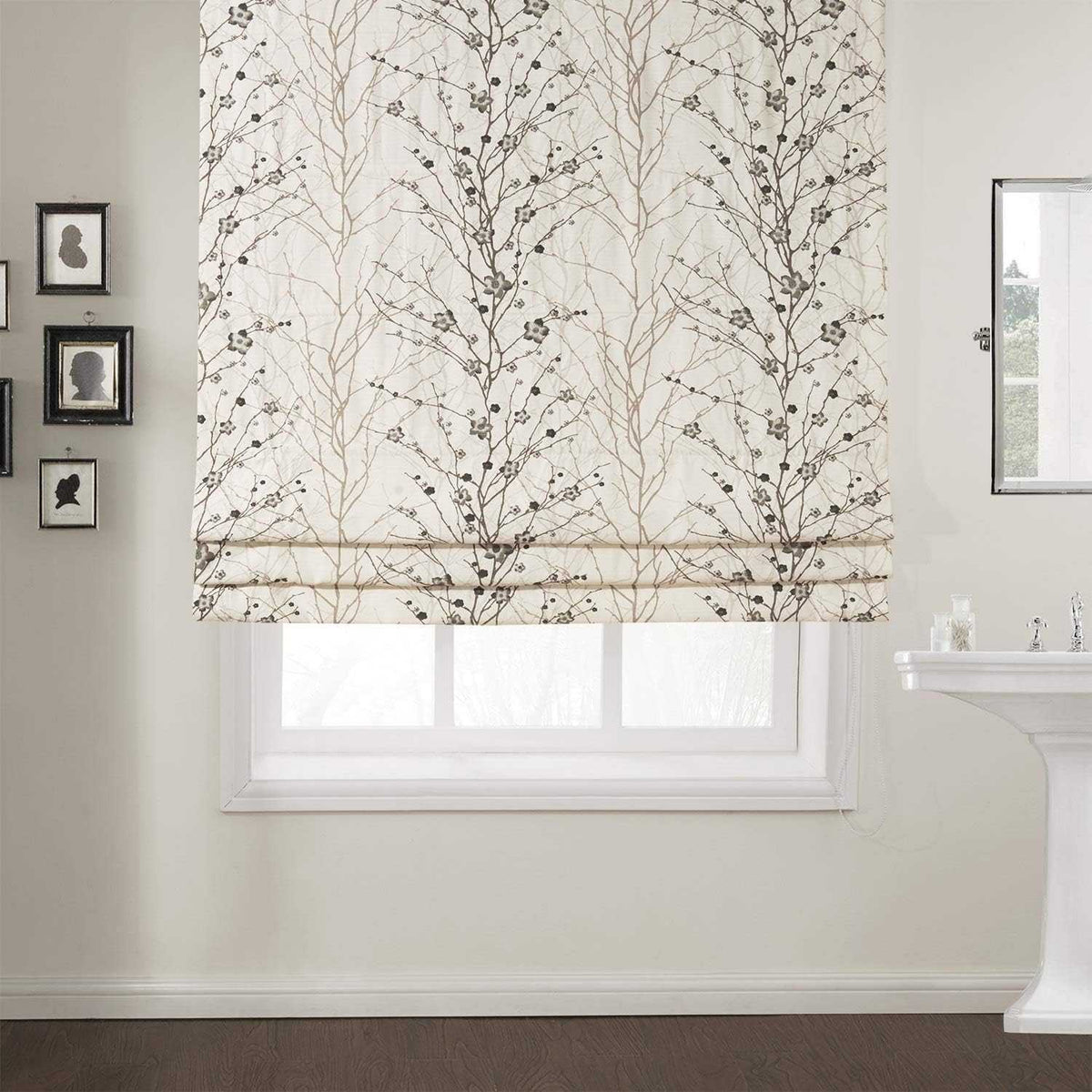 No-Drill Blackout Roman Shade in Plum Blossom Floral pattern, custom-sized and easy to install without drilling