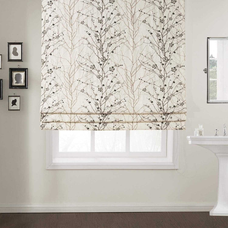 No-Drill Blackout Roman Shade in Plum Blossom Floral pattern, custom-sized and easy to install without drilling