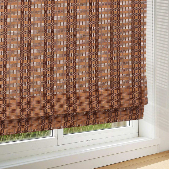 LANTIME Bamboo Woven Roman Shade cordless natural wood blinds with UV protection and warm woven bamboo texture