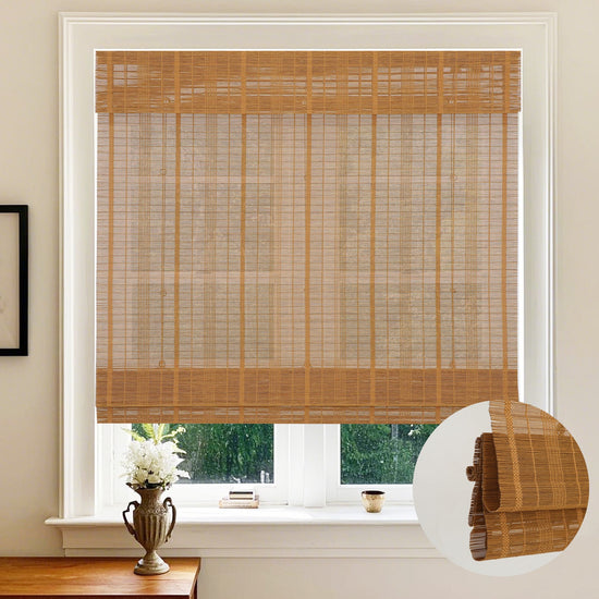 LANTIME Bamboo Roman Shade cordless sheer bamboo window cover with natural woven texture in living room