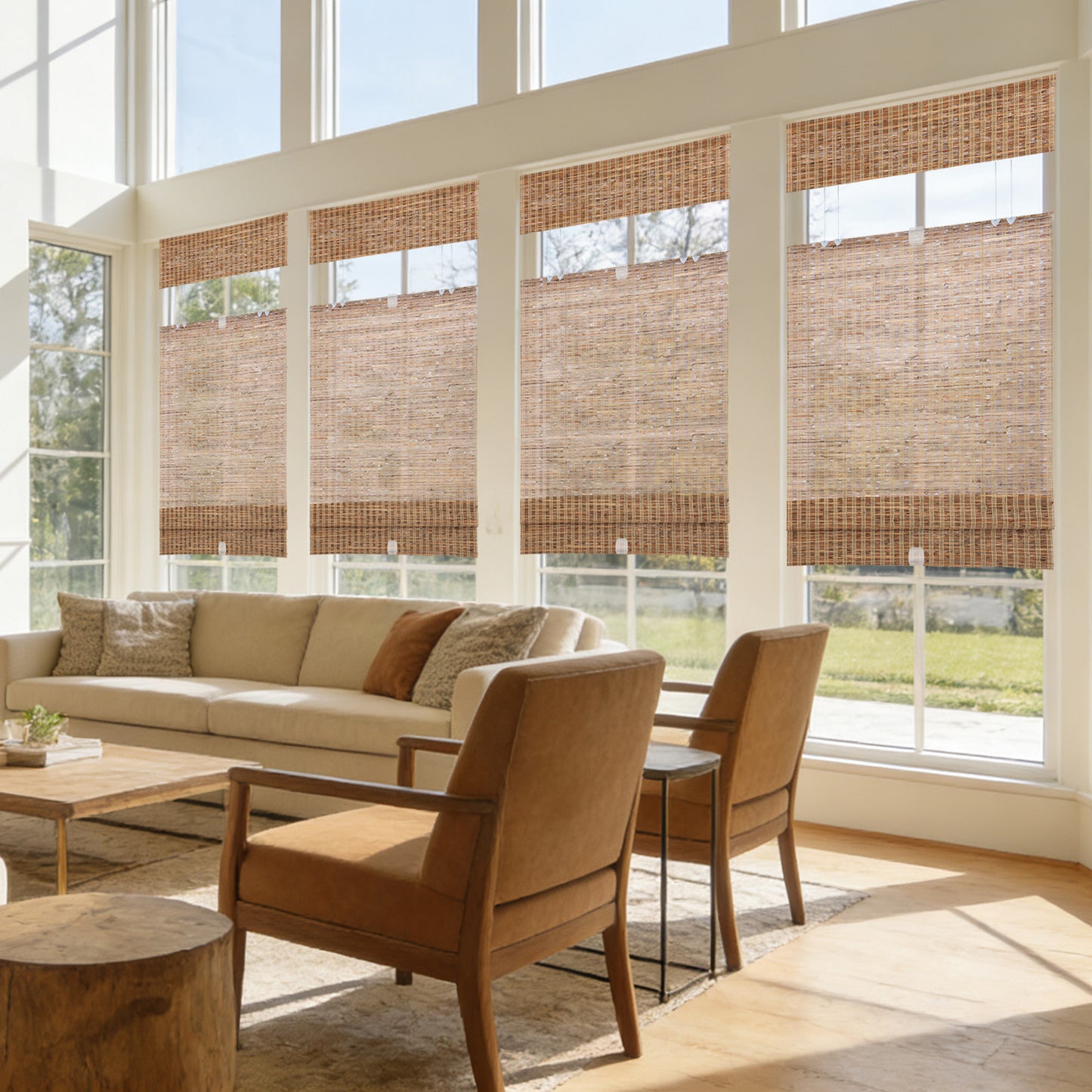 LANTIME No Drill Roman Shades|Natural Ramie Bamboo|Top Down Bottom Up Cordless|Cordless Roman Shades for Windows and Doors