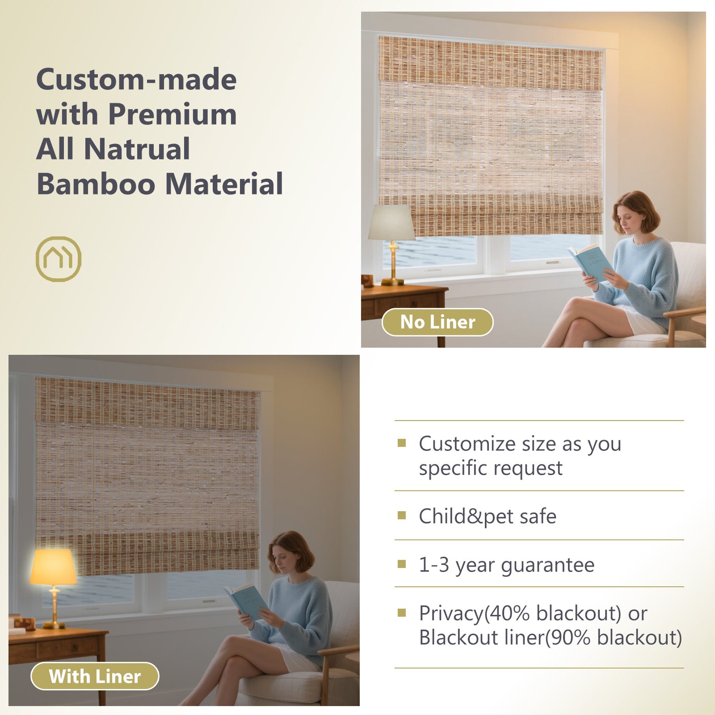 LANTIME No Drill Roman Shades|Natural Ramie Bamboo|Top Down Bottom Up Cordless|Cordless Roman Shades for Windows and Doors