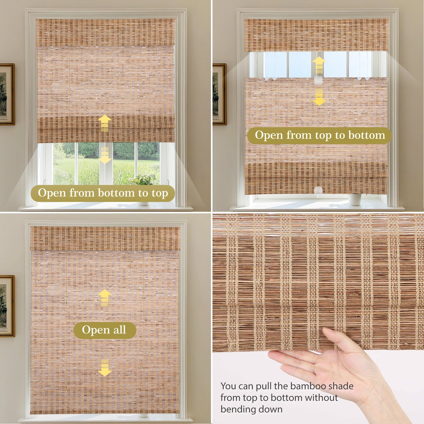 LANTIME No Drill Roman Shades|Natural Ramie Bamboo|Top Down Bottom Up Cordless|Cordless Roman Shades for Windows and Doors