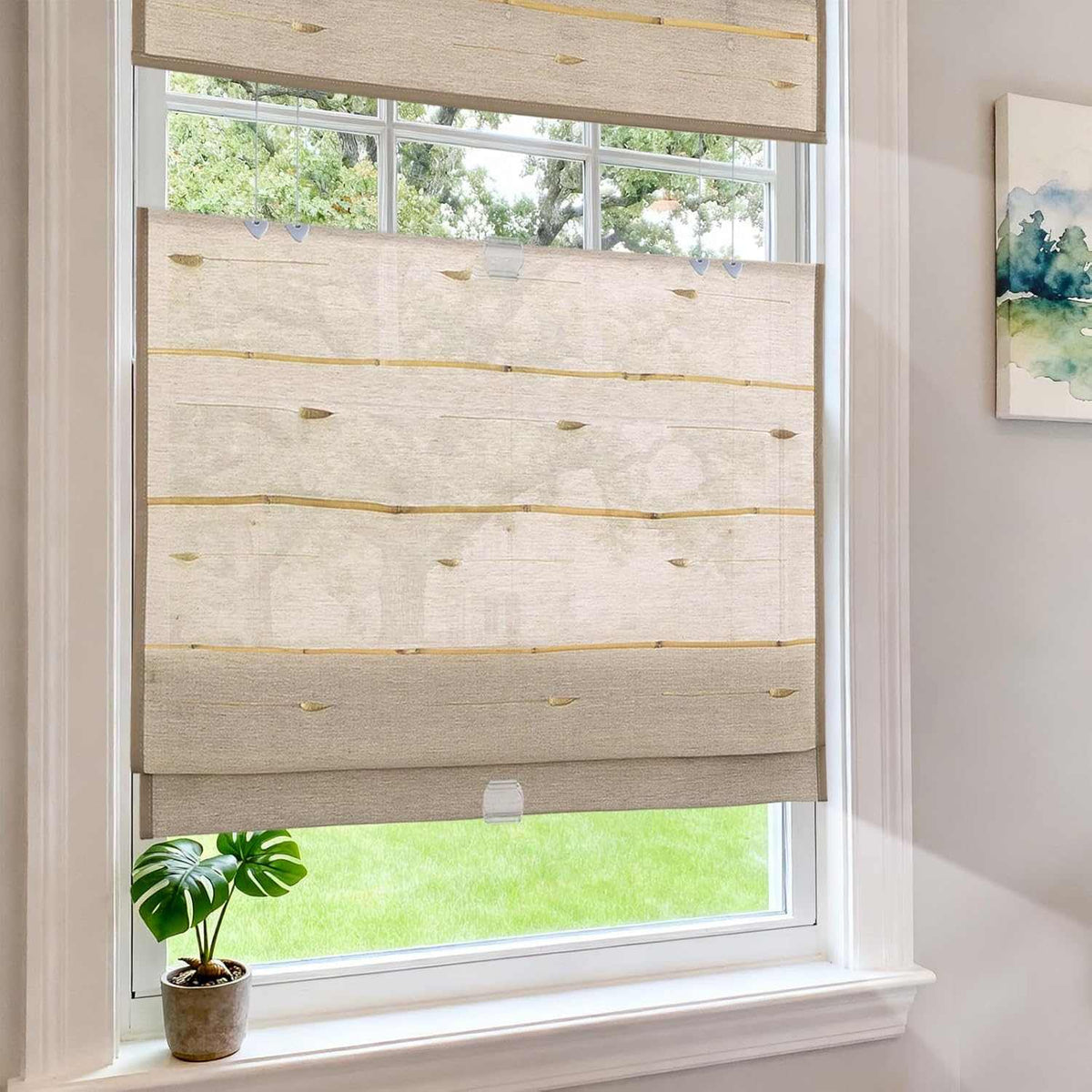 LANTIME No-Drill cordless natural ramie bamboo Roman shade with top down bottom up design on a window