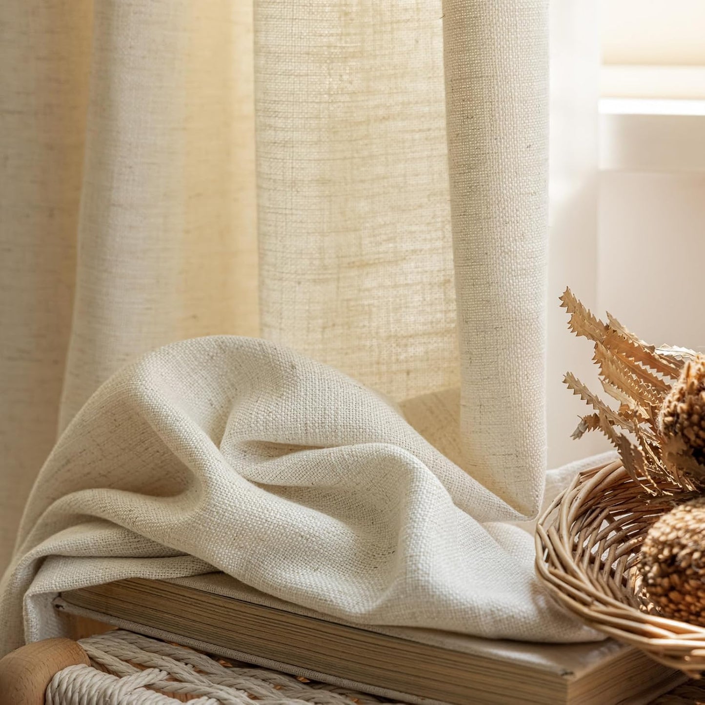 LANTIME Privacy Panels for Windows, Double Pleats Linen Fabric Window Curtains, 2 Panels