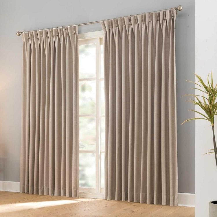 Pair of LANTIME faux linen blackout curtains with pencil pinch pleats in black, 100% light-blocking and thermal insulated