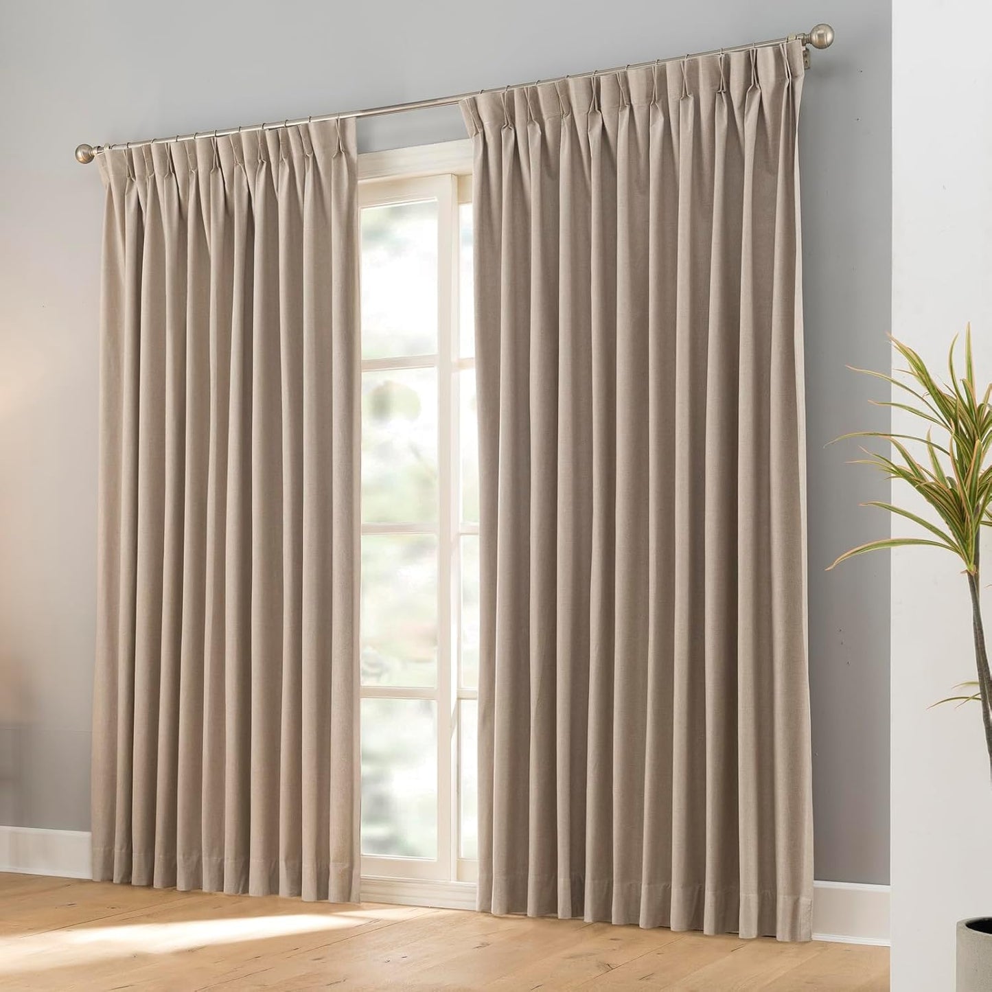 LANTIME Blackout Pinch Pleat Drapes, Pencil Pleated Faux Linen Textured Window Curtains, 2 Panels