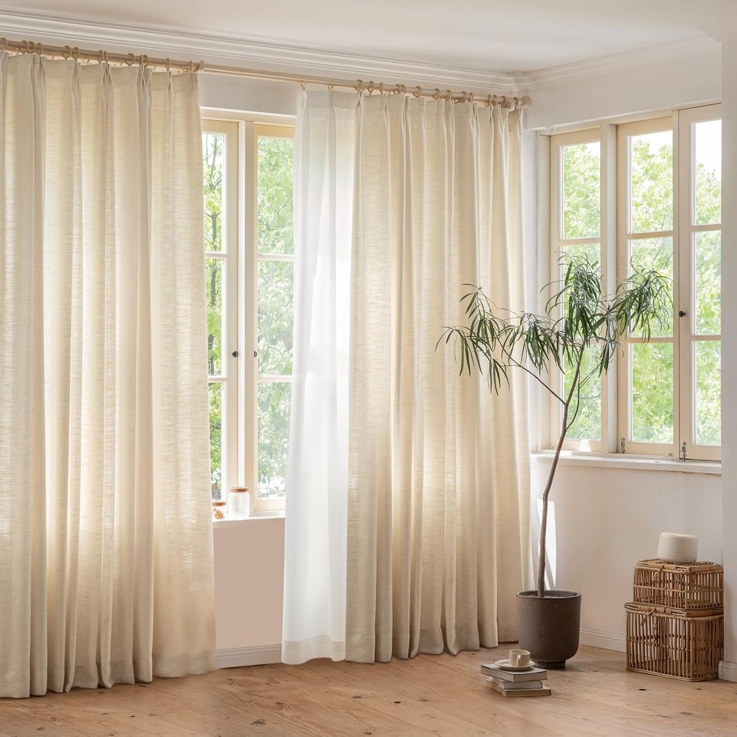 LANTIME Privacy Panels for Windows, Double Pleats Linen Fabric Window Curtains, 2 Panels