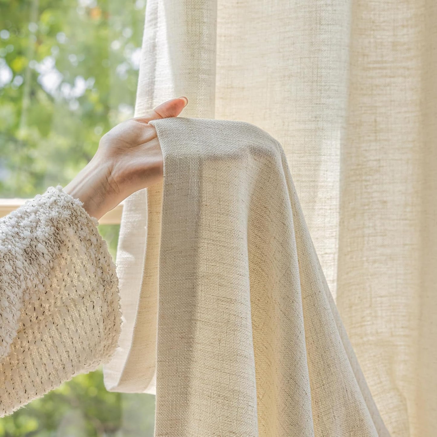 LANTIME Privacy Panels for Windows, Double Pleats Linen Fabric Window Curtains, 2 Panels