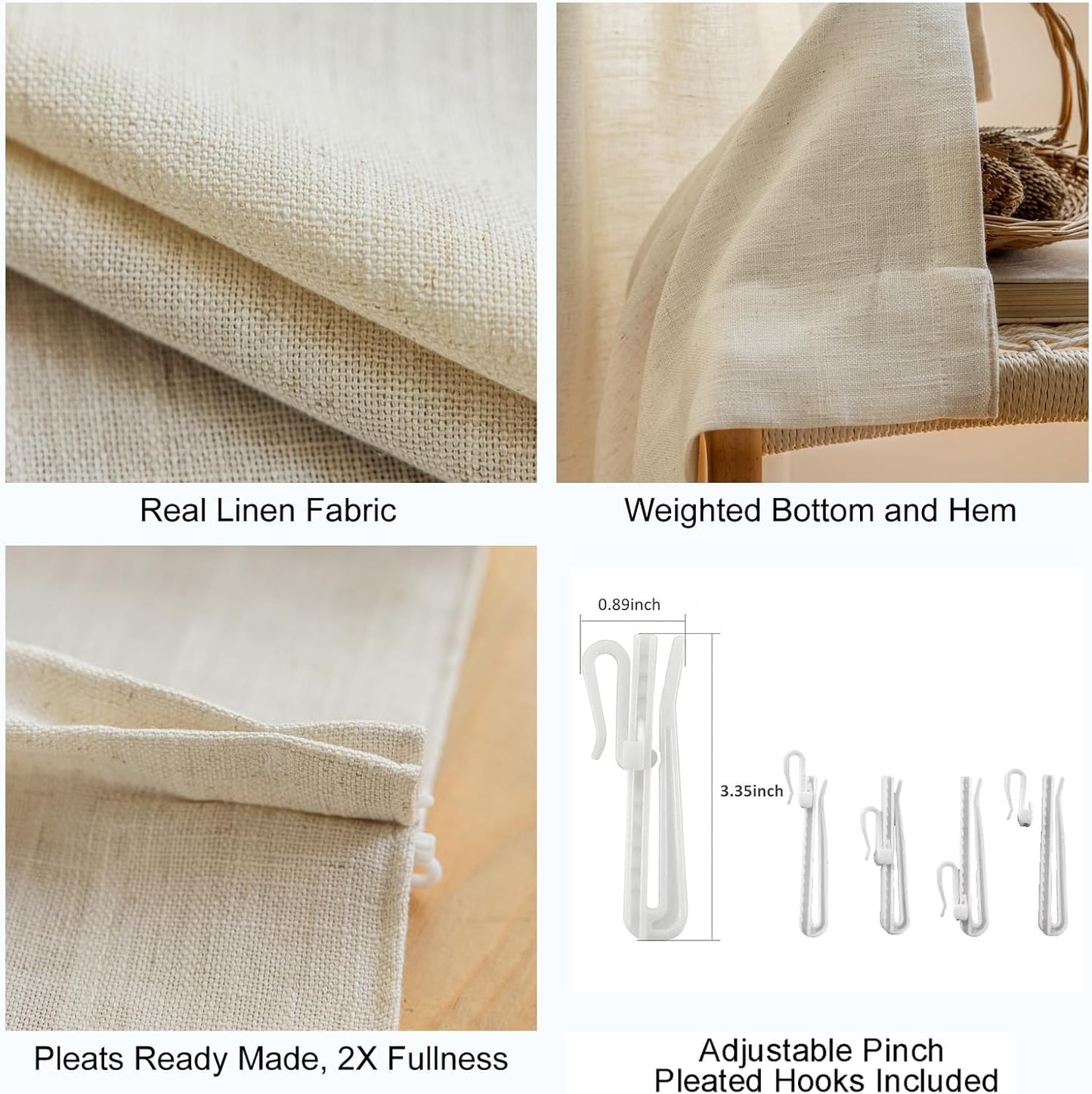 LANTIME Privacy Panels for Windows, Double Pleats Linen Fabric Window Curtains, 2 Panels
