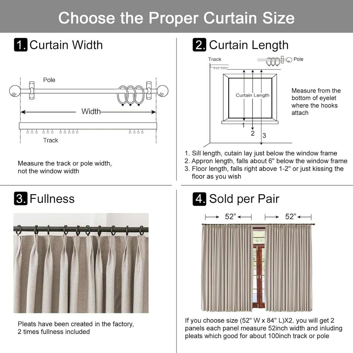 Faux Linen Blackout Curtains pencil pinch pleat blackout panels in black, set of 2, blocking 100% light and thermal insulated