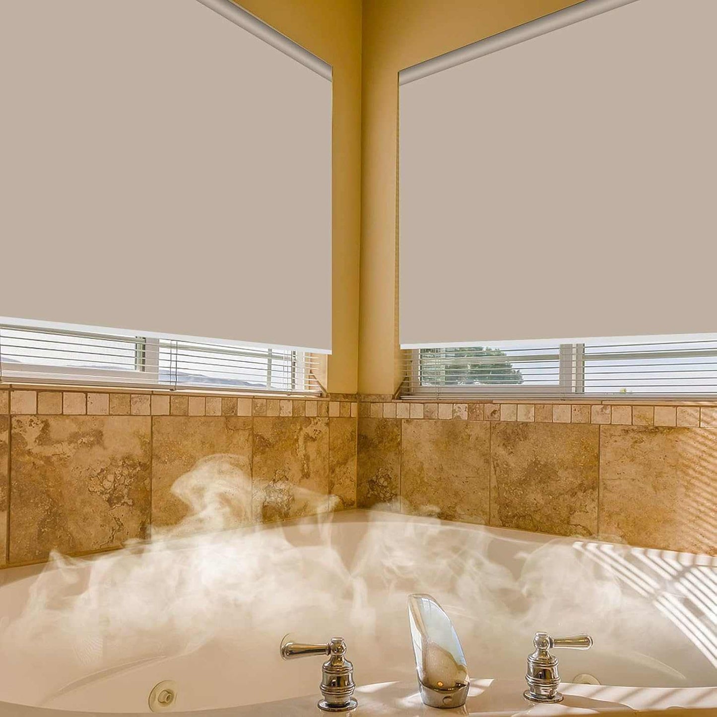LANTIME Kitchen Bathroom Waterproof Window Shades, Cordless 100% Blackout Waterproof Oilproof and Mildew Resistent, Provide Privacy and Easy Care Beige Window Blinds