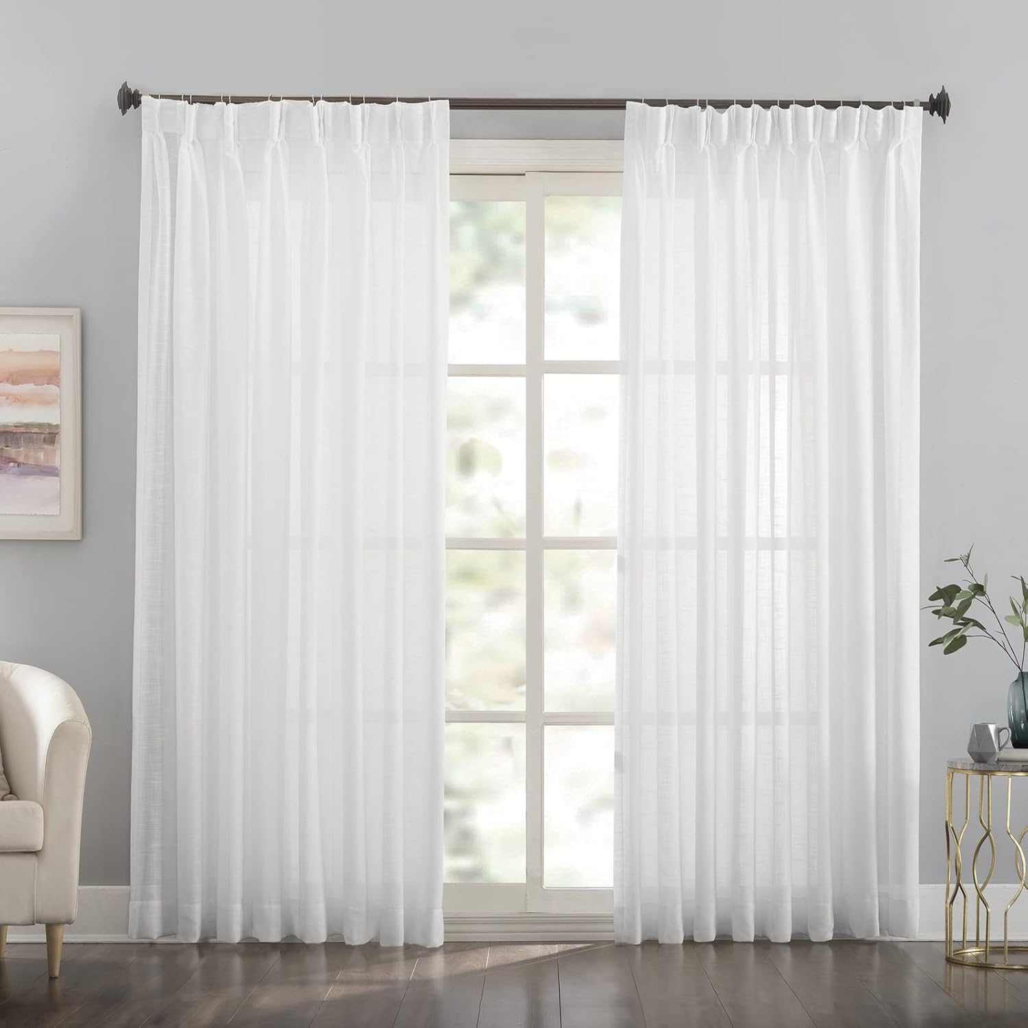 Set of 2 LANTIME faux linen pinch pleat sheer curtains with semi-sheer texture and custom length option