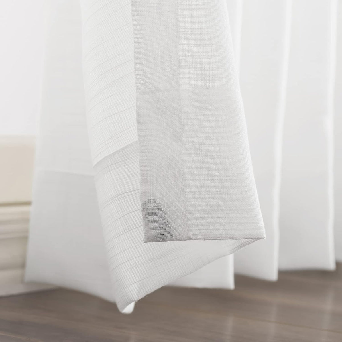 Pair of LANTIME Faux Linen Pinch Pleat Sheer Curtains with semi-sheer texture and custom length option
