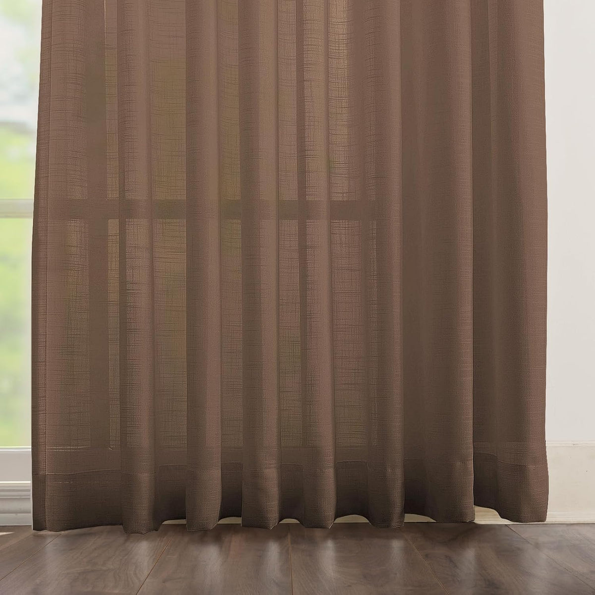 LANTIME Faux Linen Pinch Pleat sheer curtains in semi-sheer fabric with custom length and UV protection, set of 2 panels