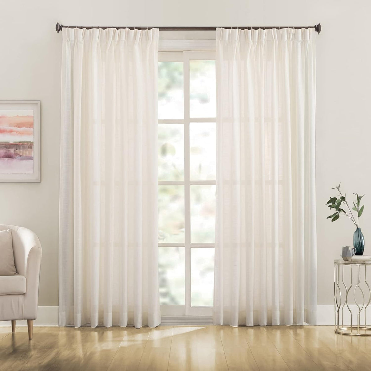 LANTIME faux linen pinch pleat sheer curtains semi-sheer set of 2 with custom length and sun glare reduction