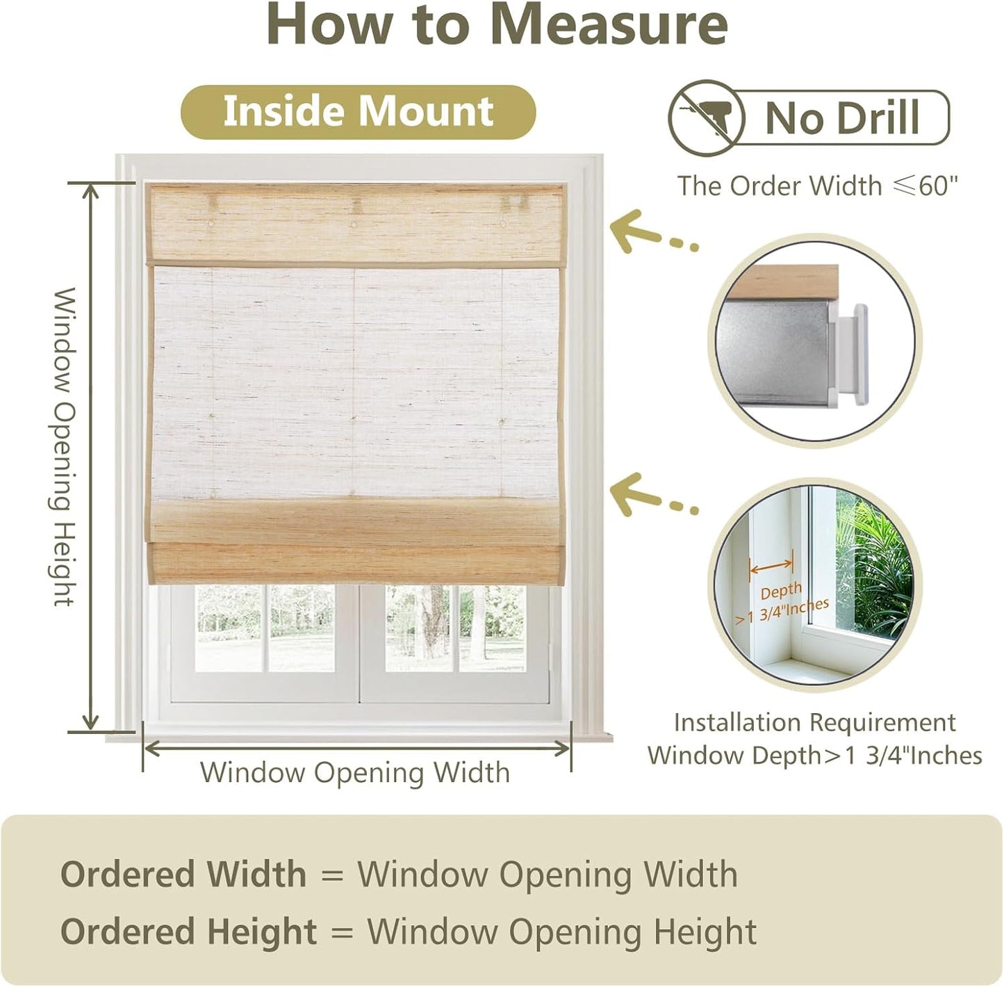 LANTIME No Drill Roman Shades|Natural Jute Bamboo Window Blinds Shades|Cordless Roman Shades for Windows and Doors