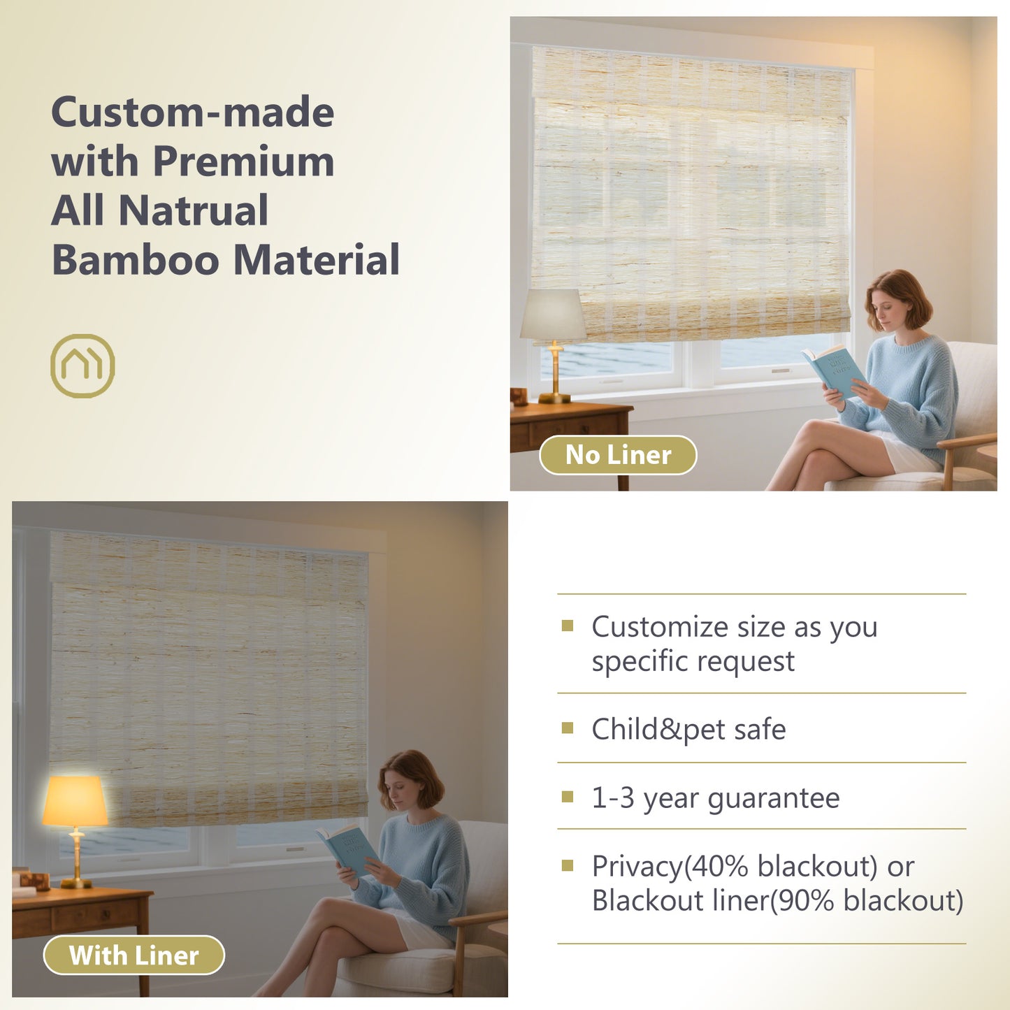 LANTIME No Drill No Tools Cordless Nature Window Blinds Shades, Natural Ramie Roman Shades