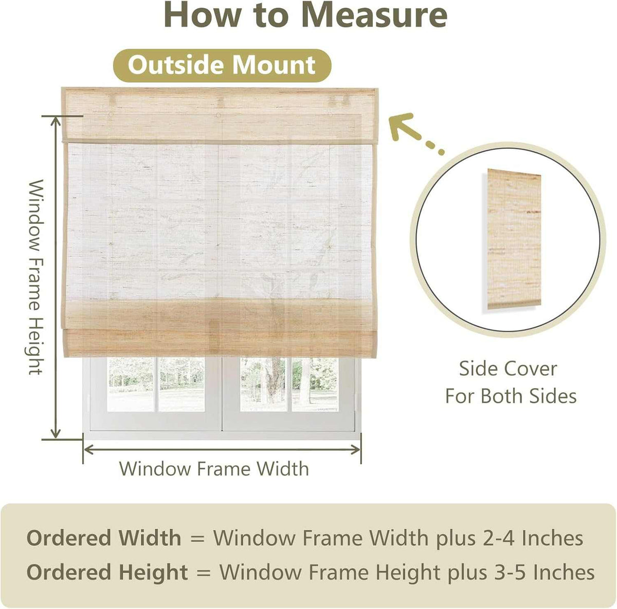 LANTIME No-Drill No Tools Bamboo Roman Shade with cordless design and custom fit