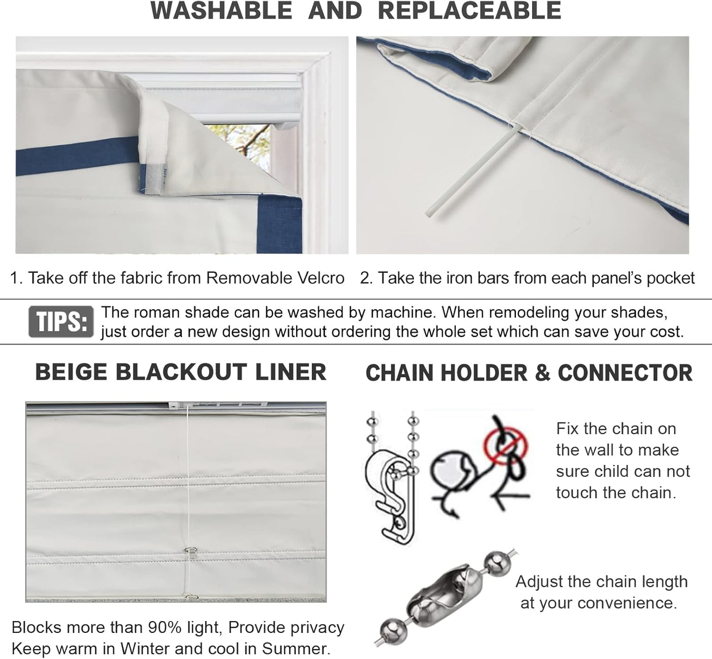 LANTIME No Tools No Drill Cordless Blackout Roman Shades Blinds, White Fabric Lined Custom Valanced Window Shades Blinds for Windows, French Doors, Kitchen Windows