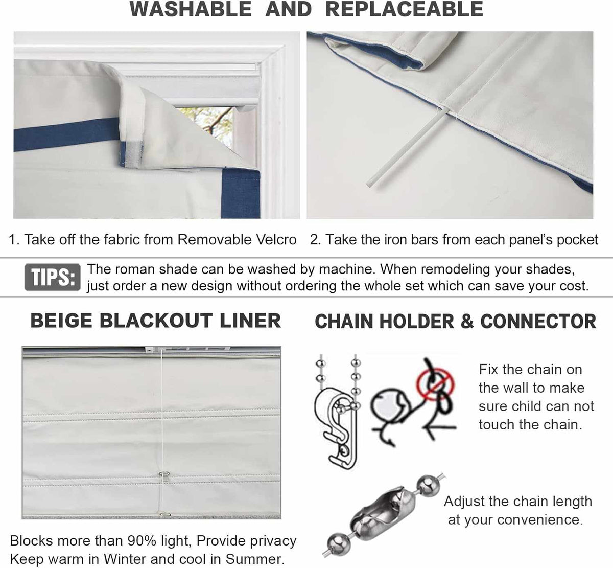 No-drill blackout roman shade in white fabric, cordless and custom sized, easy to install without tools