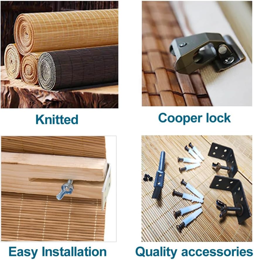 No Tools No Drill Wood Window Roman Shades, Bamboo Light Filtering Window Blinds for Indoor Home, Office, Kitchen