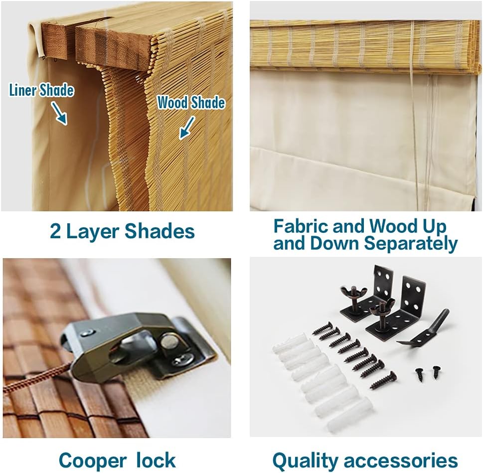 No Tools No Drill Wood Window Roman Shades, Bamboo Lined Blackout Window Blinds for Home Indoor,Office,Kitchen